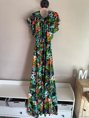 Show Me Your Mumu Floral Maxi Dress Tropical Smocked Waist Green Black Large